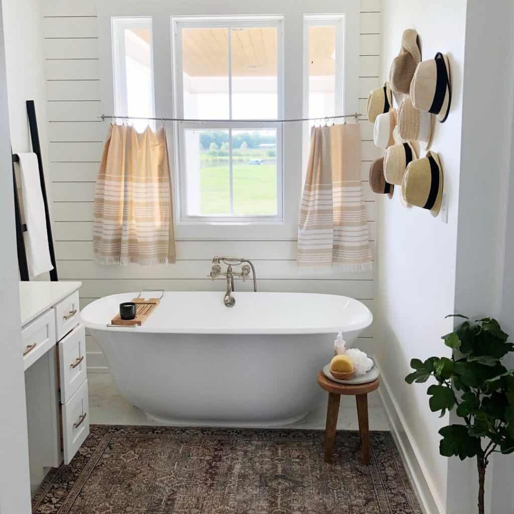 White Bathroom With Patterned Cafe Curtains