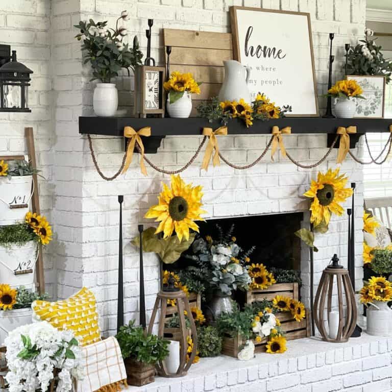 White Brick Fireplace With Sunflower Summer Décor