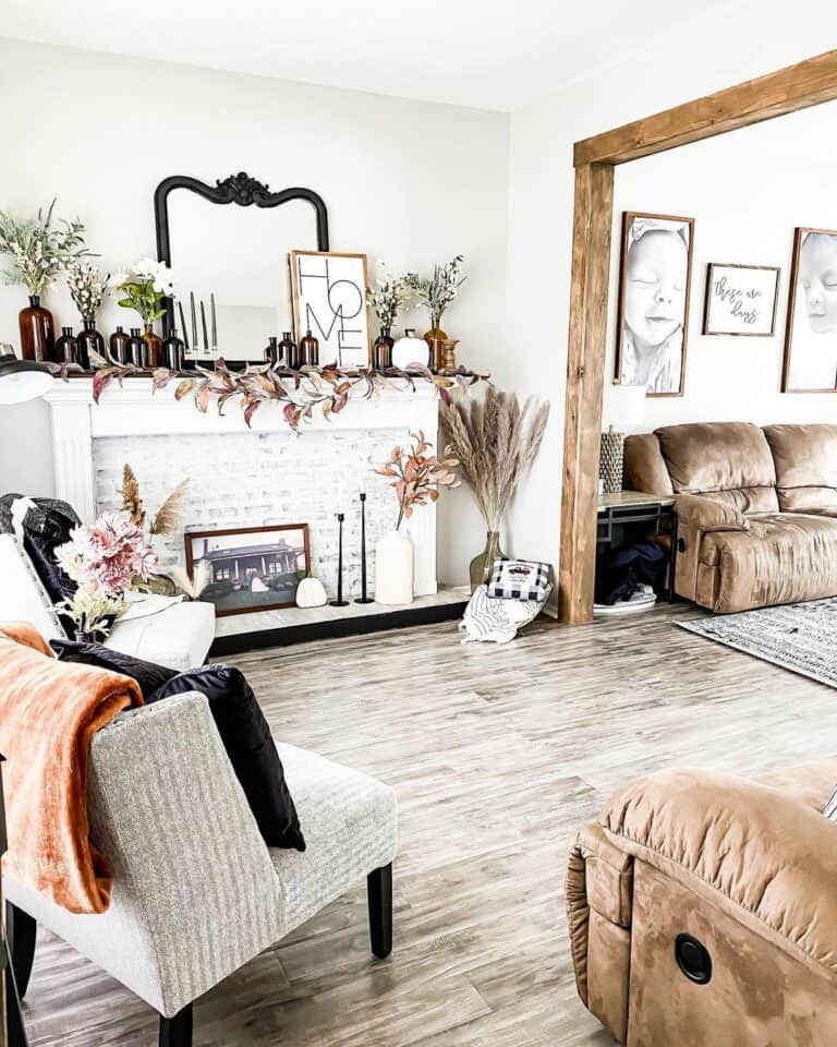 White Brick Fireplace and Amber Bottles