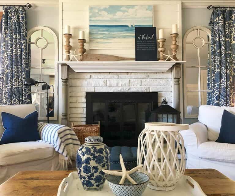 White Brick Fireplace with Coastal Décor