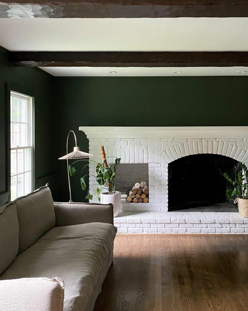 White Brick Living Room Fireplace With Greenery