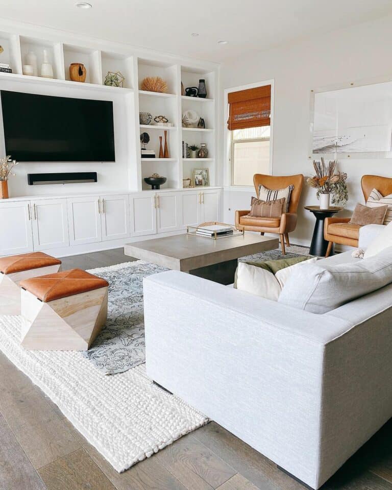 White Built-in Living Room Shelves and Cabinets