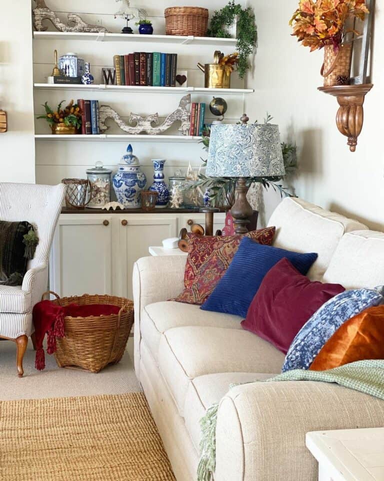 White Built-in Shelves With Colorful Pillows