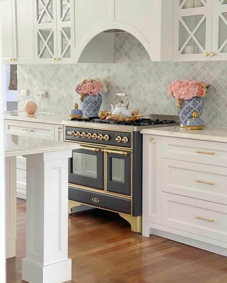 White Cabinets and Kitchen With Blue and Pink Accents
