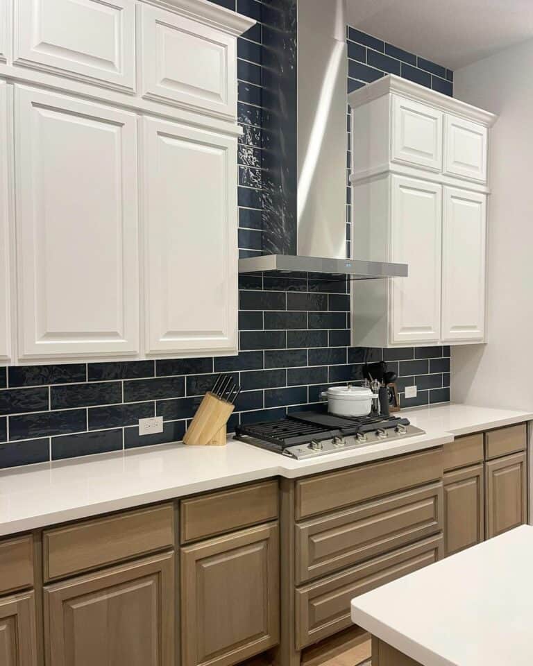 White Cabinets on a Black Subway Tile Wall