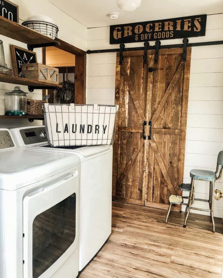 White Canvas and Black Wire Laundry Basket