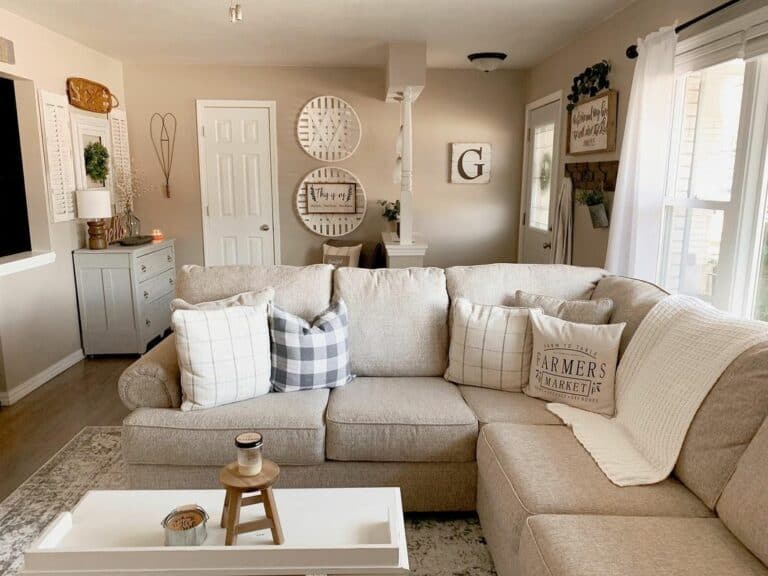 White Décor in a Beige Family Room