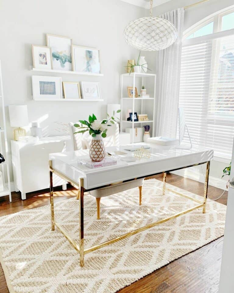 White Desk With Gold Legs and a Golden Wood Floor