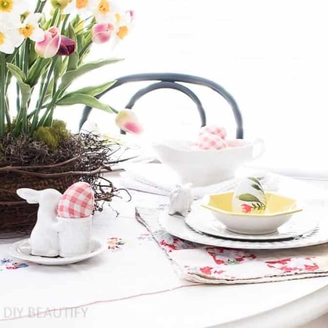 White Dining Table With Pink Gingham Easter Eggs