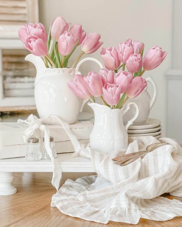White Dishes With Pink Tulips