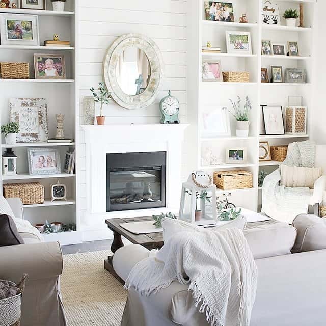 White Electric Fireplace Over Shiplap