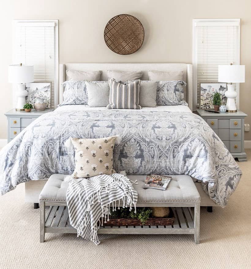 White Farmhouse Bedroom With Light Gray Paisley Bedding