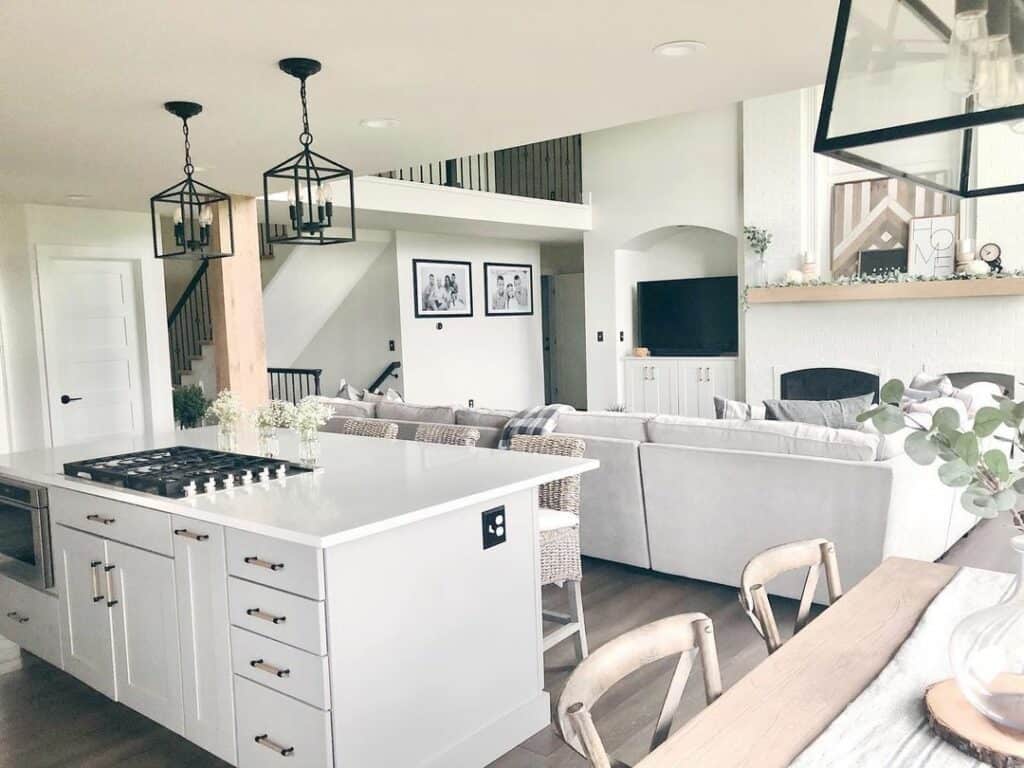 White Farmhouse Kitchen With Black Lanterns