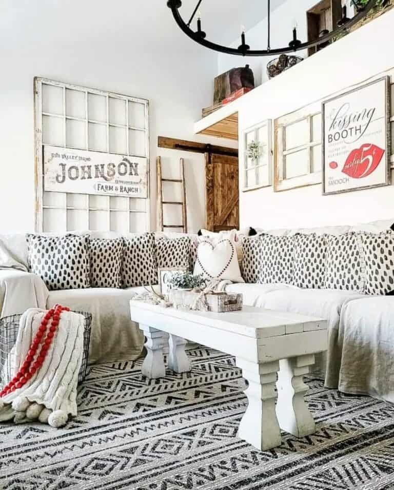 White Farmhouse Living Room With Bold Patterns