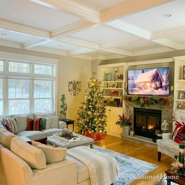 White Farmhouse Living Room With Festive Accents