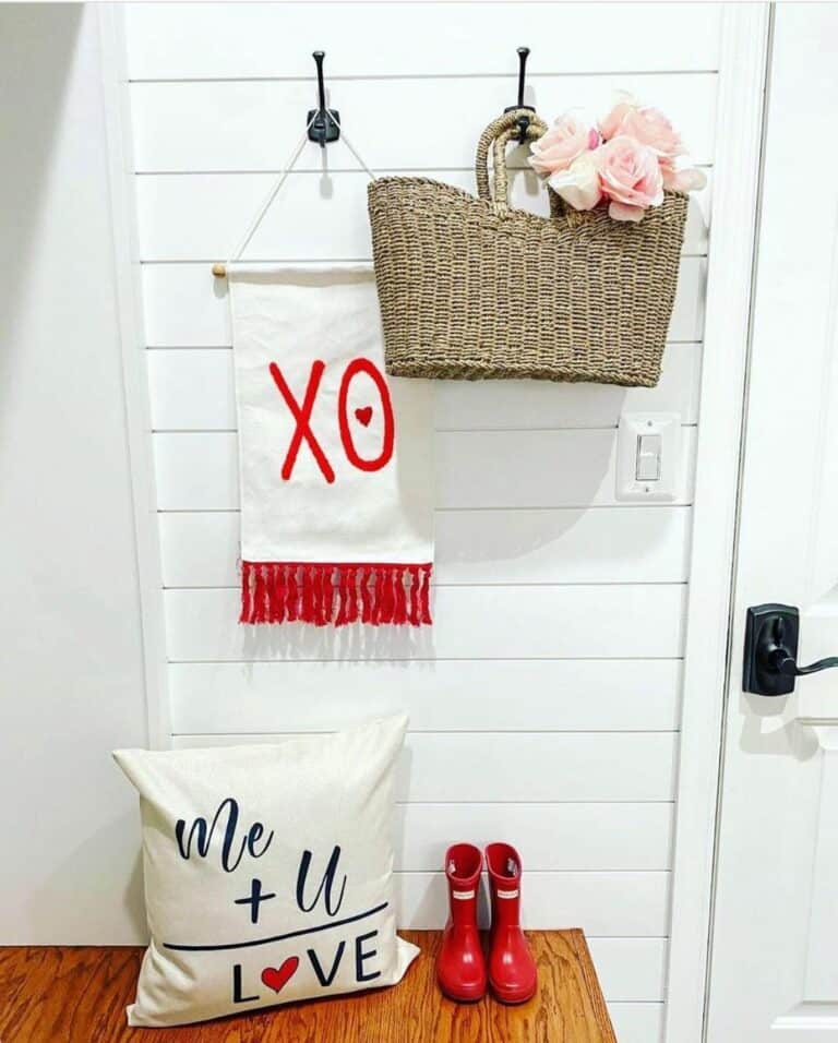 White Farmhouse Shiplap Entryway With Valentine's Day Décor