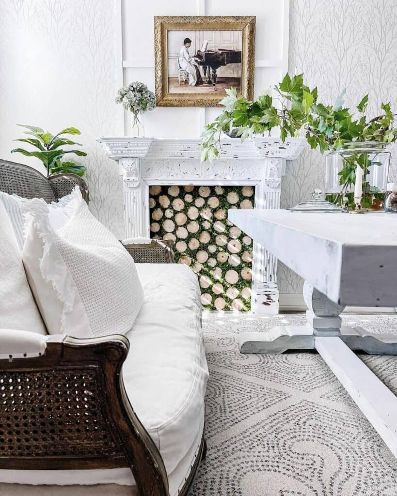 White Faux Fireplace With Greenery Decorations