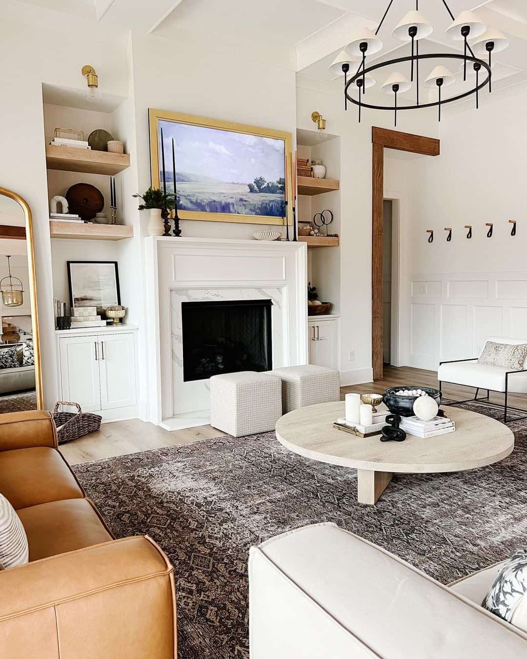 White Fireplace Mantel Between Floating Shelves Soul & Lane