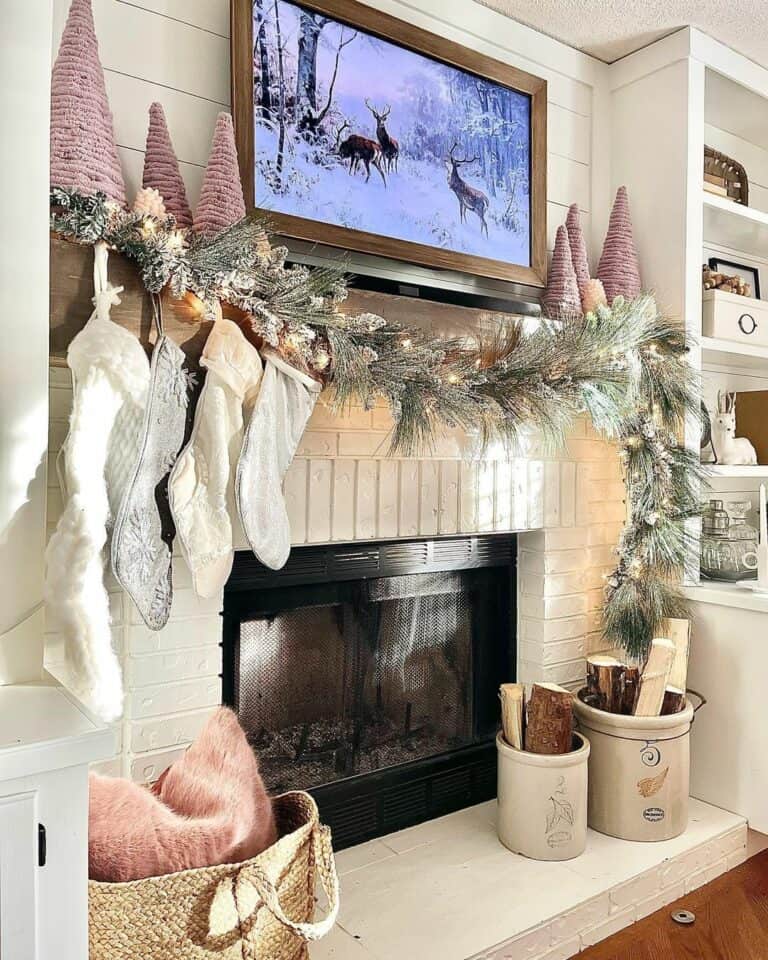 White Fireplace With Wooden-framed TV