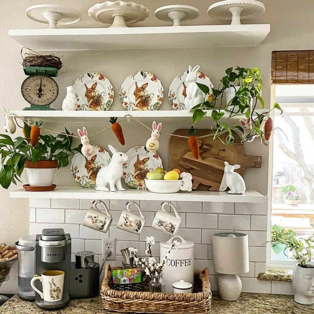 White Floating Shelves With Easter Kitchen Décor