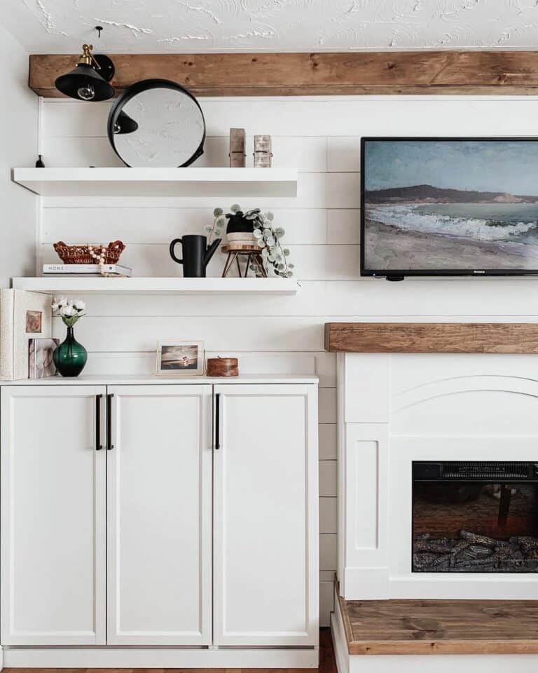 White Floating Shelves in Shiplap Living Room