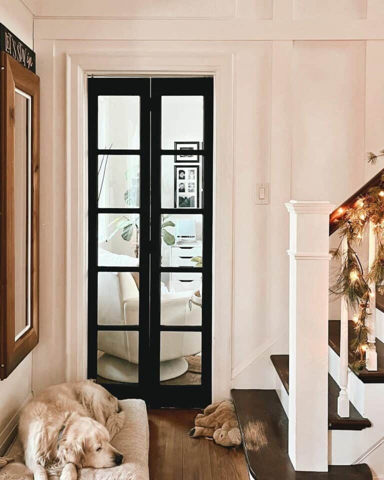White Flowers and a Dark Wood Staircase