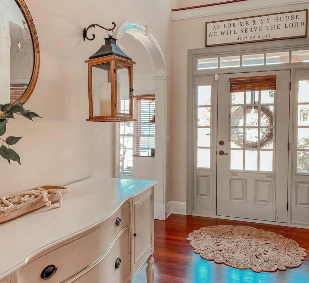 White Front Doors With Transom and Jute Rug