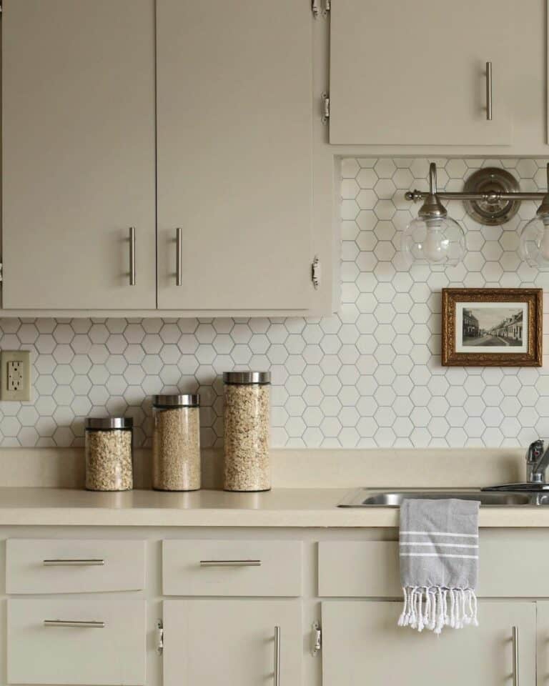 White Hexagon Tile Backsplash With Taupe Soul & Lane