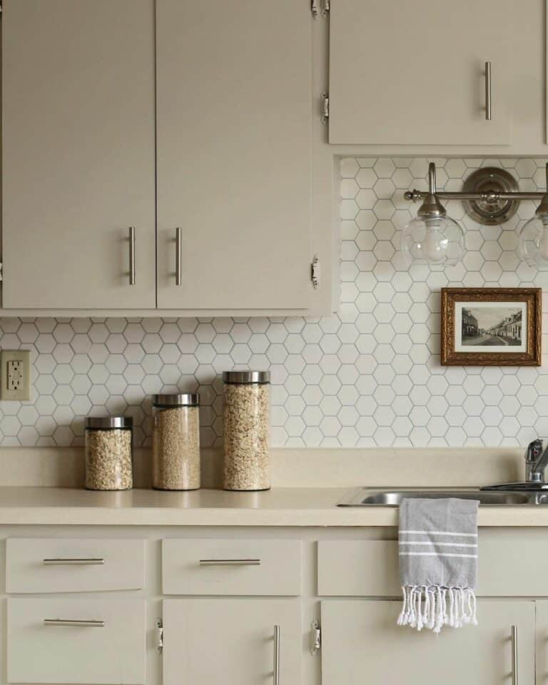White Hexagon Tile Backsplash With Taupe Cabinetry