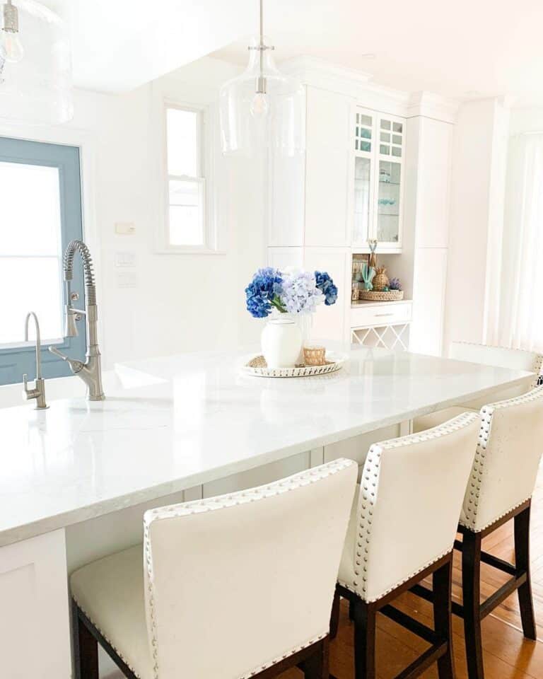 White Island With Blue Floral Countertop Centerpiece