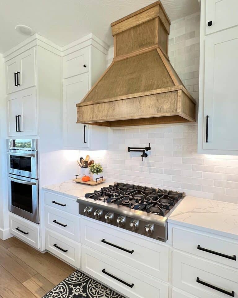 White Kitchen Backsplash Ideas With Wood Range Hood