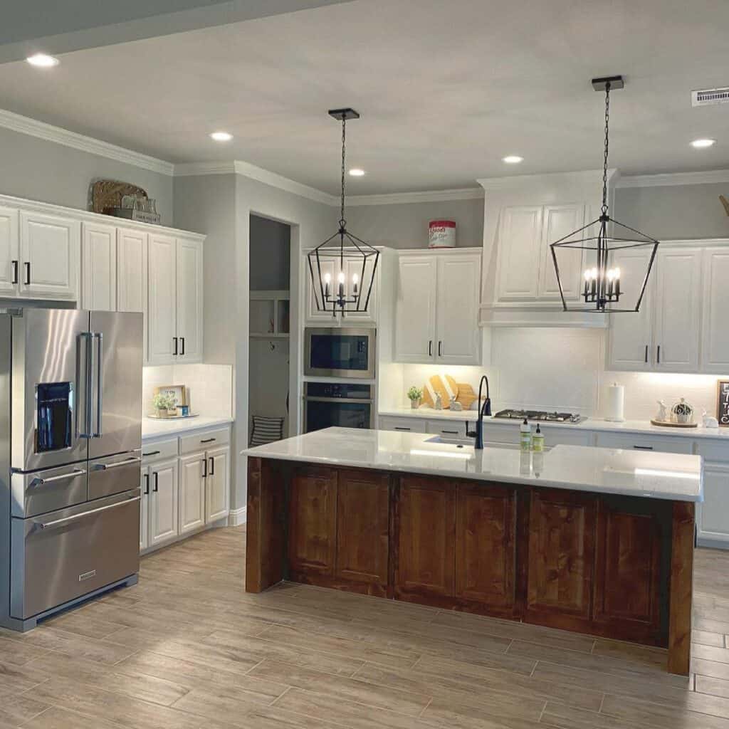 White Kitchen Cabinets With Wood Island
