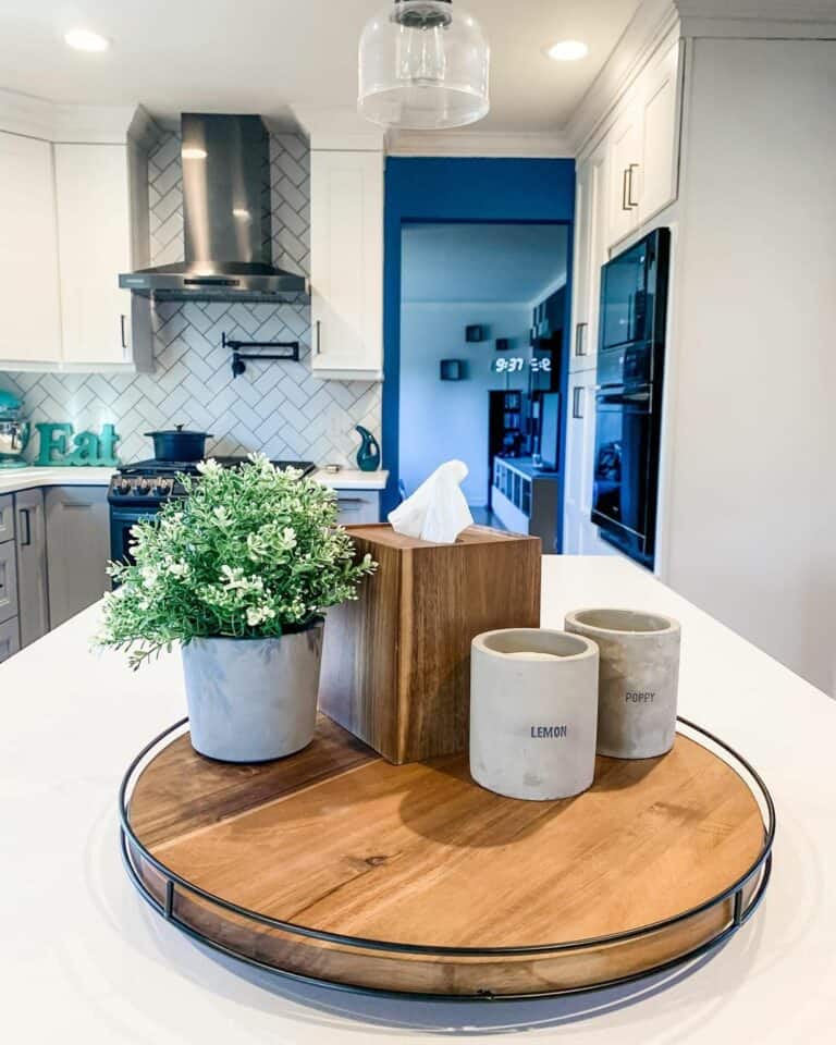 White Kitchen Countertop With Decorative Wood Tray
