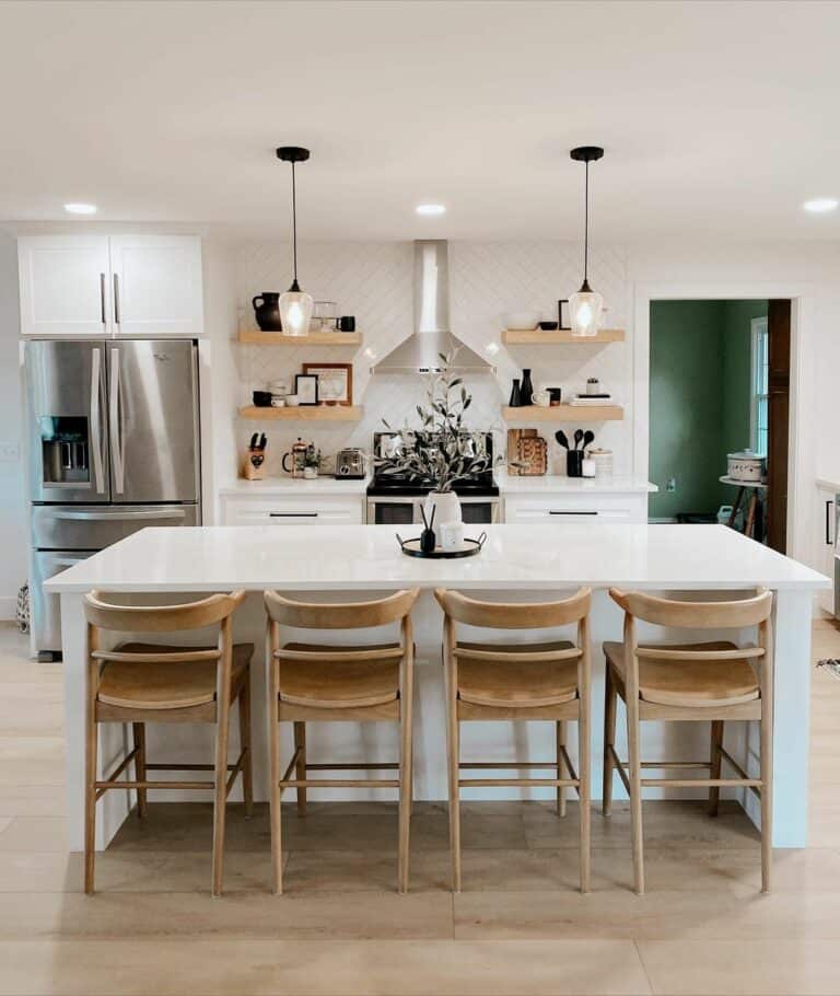 White Kitchen Island With Wooden Bar Stools