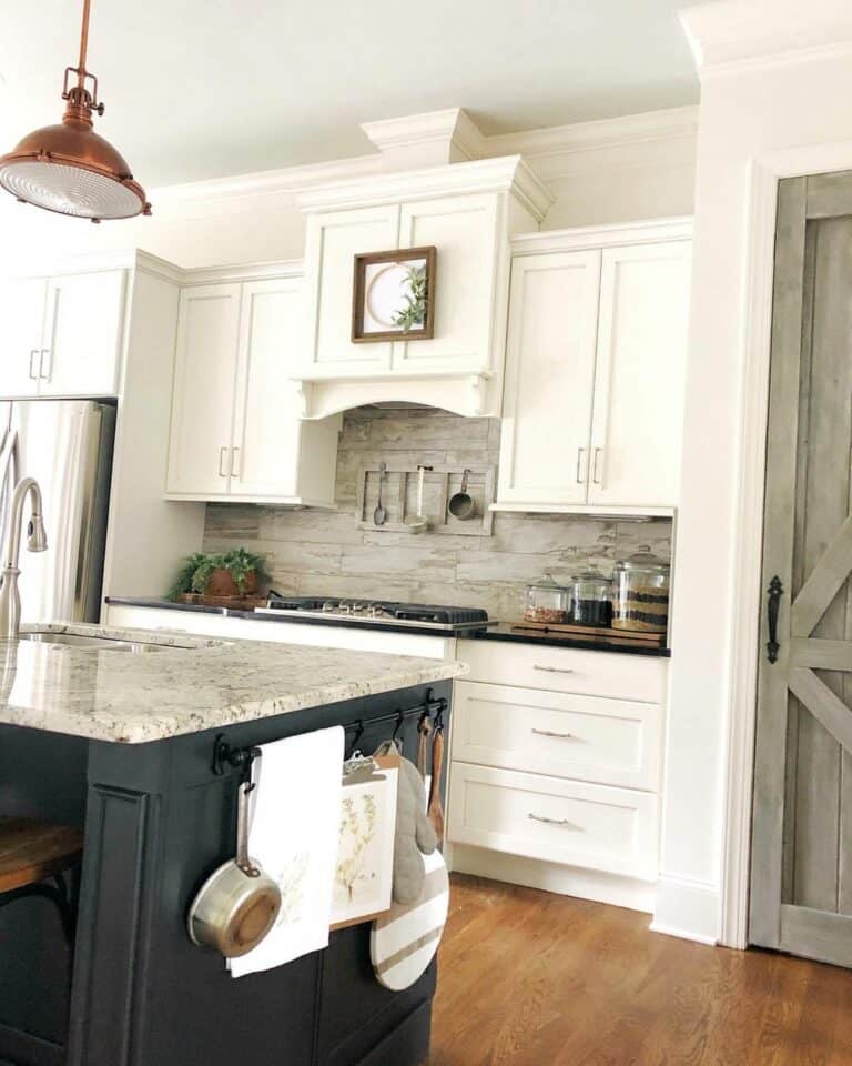 White Kitchen with Gray Stone Backsplash