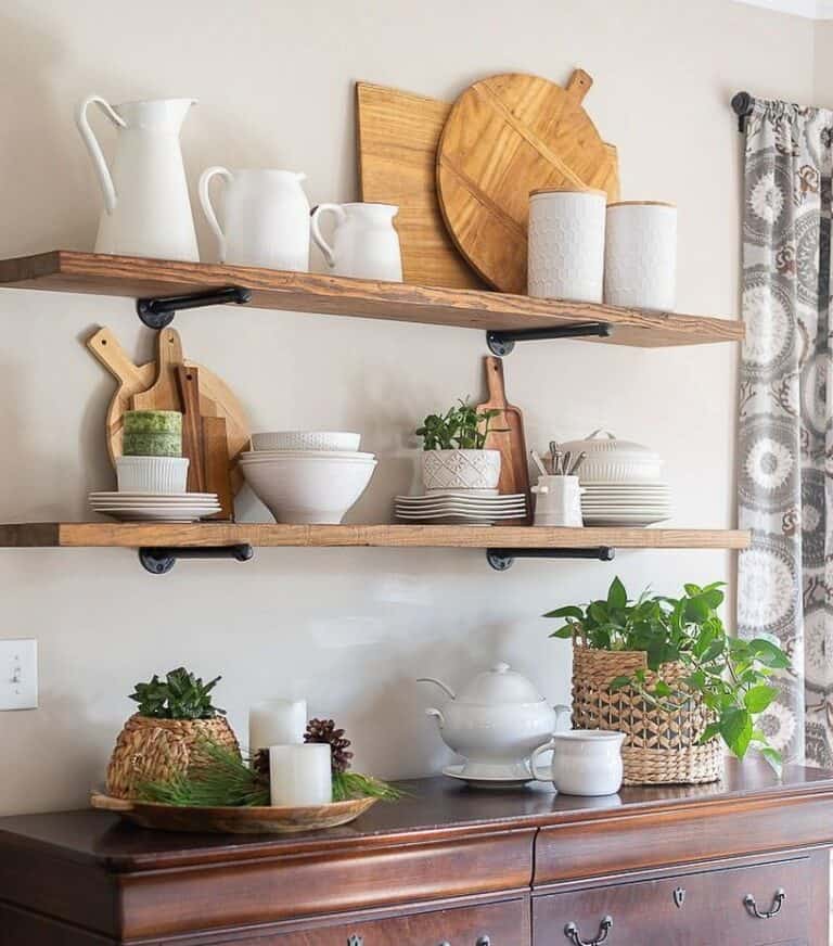 White Kitchenware on Farmhouse Shelf