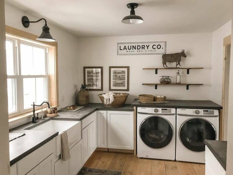 White Laundry Cabinets With Dark Gray Countertop