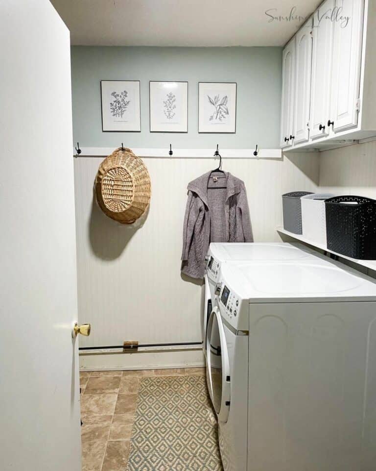 White Laundry Room Shelf With Plastic Baskets