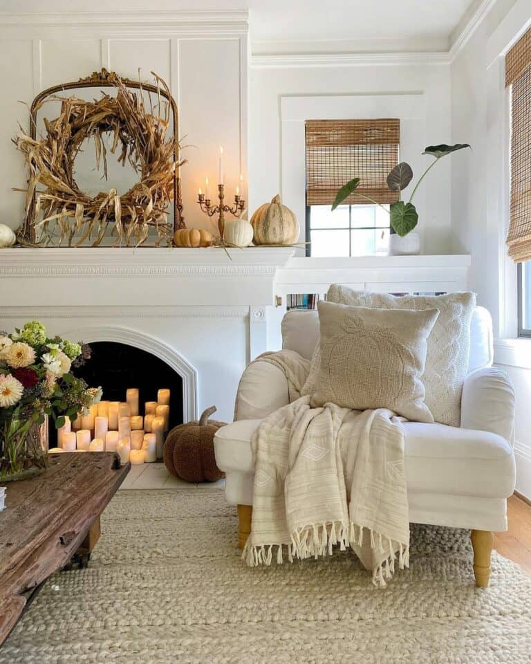 White Limestone Fireplace With Candle Display