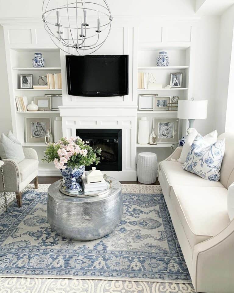 White Living Room Fireplace With Built-in Shelves
