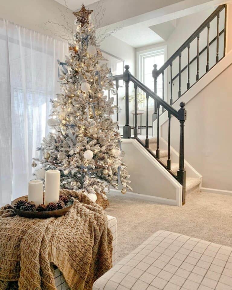 White Living Room Staircase with Festive Decorations