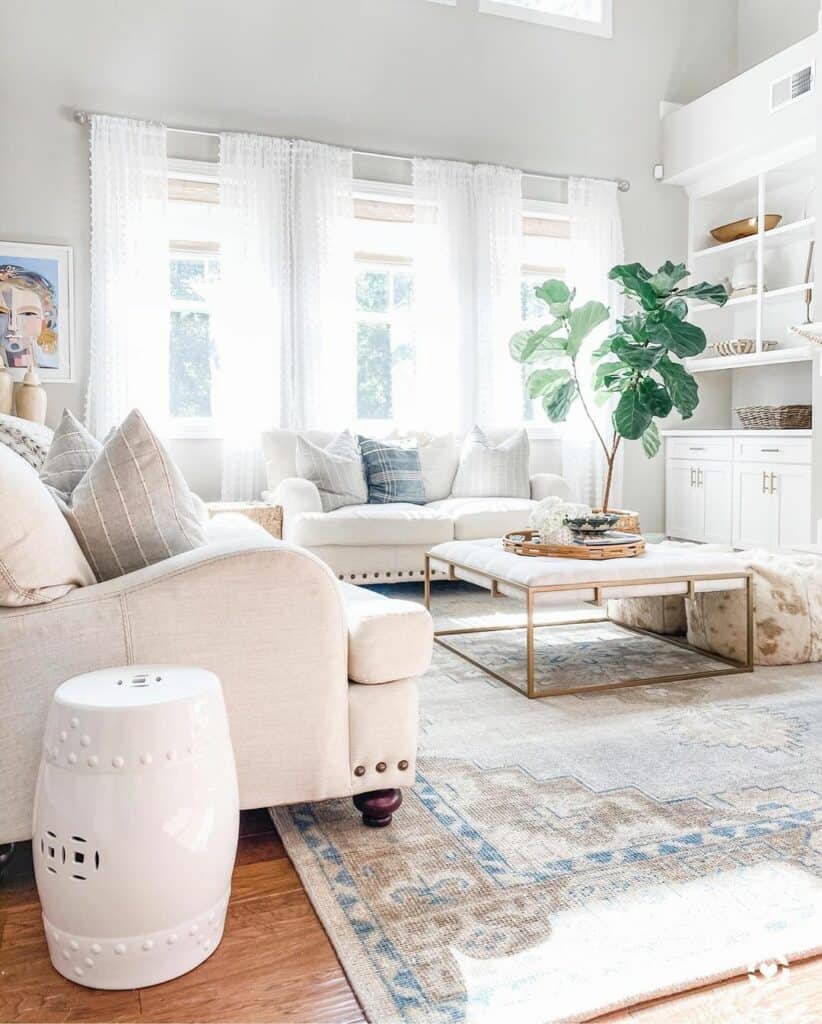 White Living Room With Sheer Day Curtains