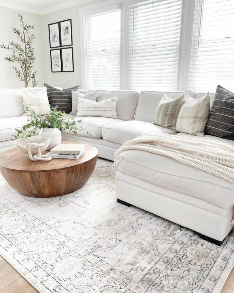White Living Room With Wooden Table