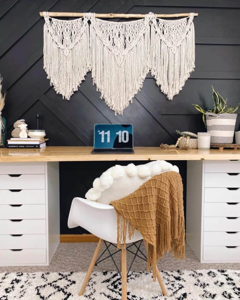 White Macramé on a Black Paneled Accent Wall