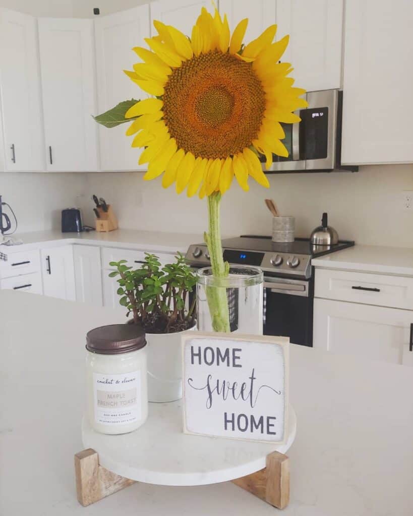 White Marble Kitchen Countertop With Sunflower Centerpiece