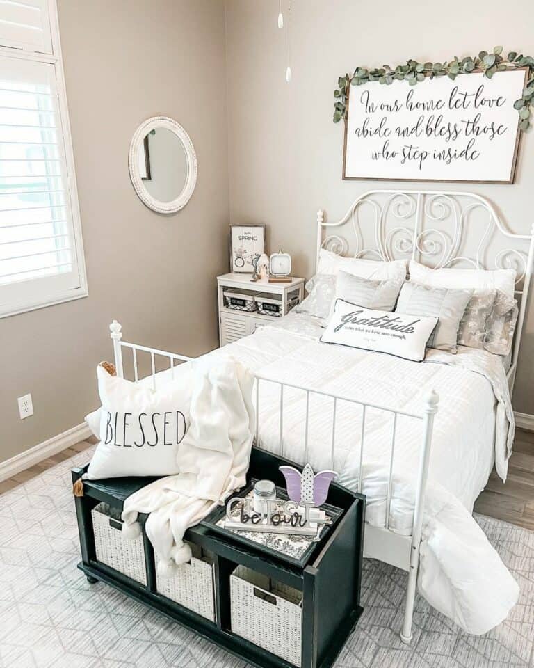 White Metal Frame Bed in Modern Farmhouse Bedroom