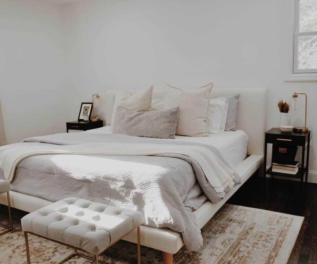 White Minimalist Farmhouse Master Bedroom