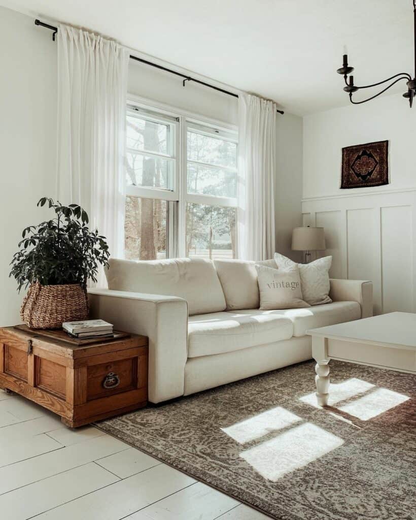 White Minimalistic Farmhouse Country Living Room