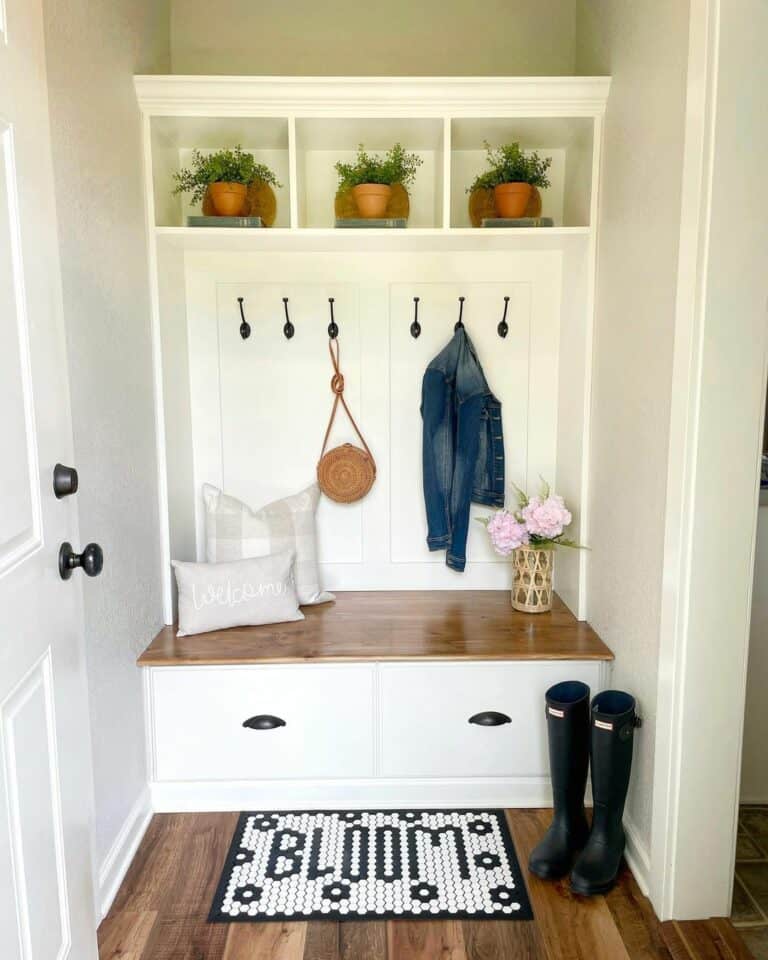 White Mudroom Bench With Stained Wood