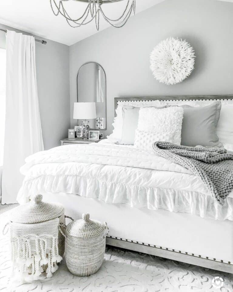 White Patterned Rug in Neutral Bedroom